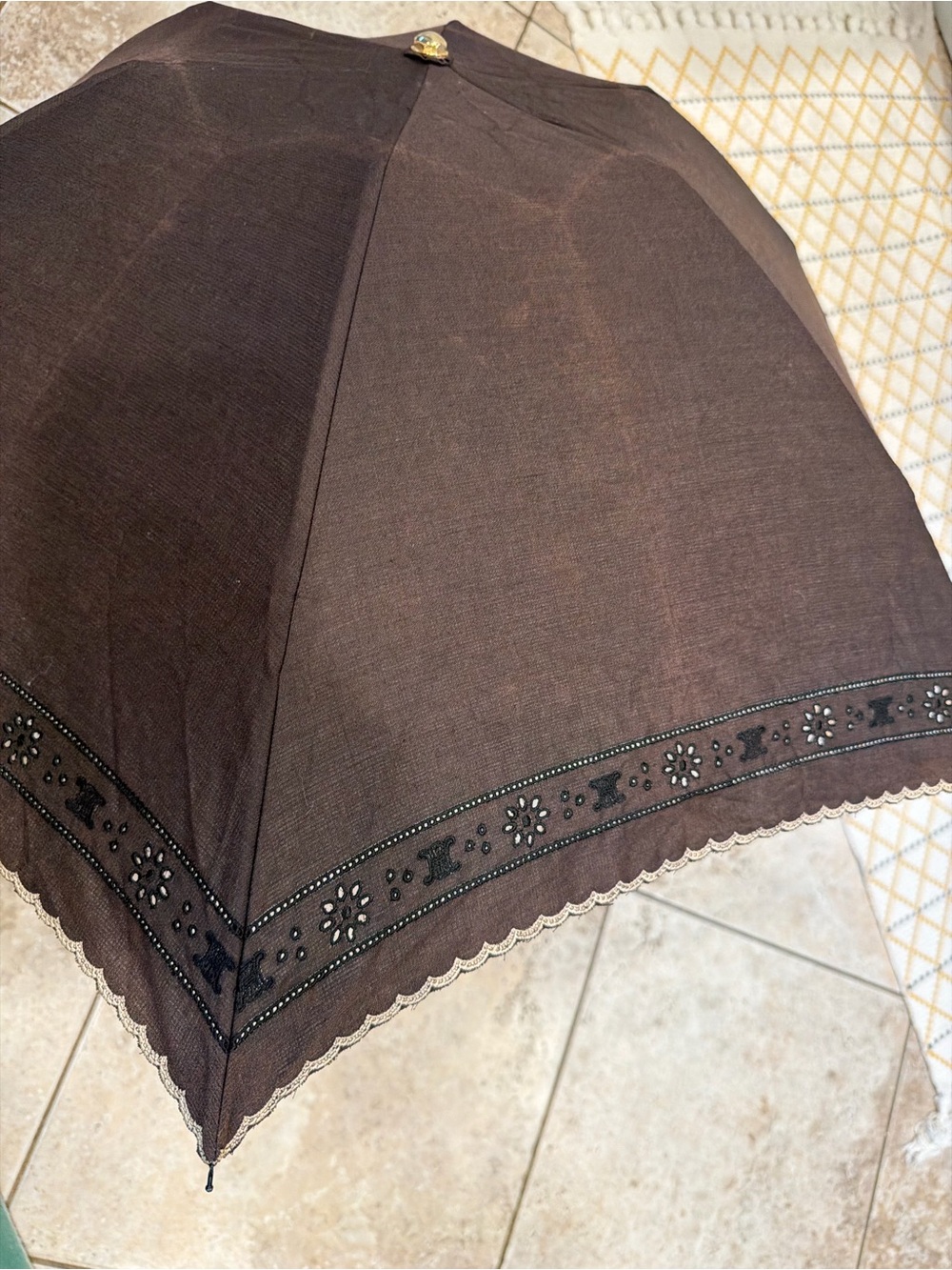 Celine Black Compact Umbrella with Gold Lace Trim - Picture 9 of 14
